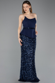 Lacivert Asimetrik Straplez Yaka Peplum Uzun Pullu Abiye ABU5654