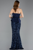 Lacivert Asimetrik Straplez Yaka Peplum Uzun Pullu Abiye ABU5654