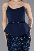 Lacivert Asimetrik Straplez Yaka Peplum Uzun Pullu Abiye ABU5654