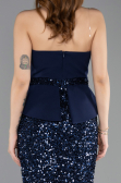 Lacivert Asimetrik Straplez Yaka Peplum Uzun Pullu Abiye ABU5654