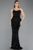 Siyah Asimetrik Straplez Yaka Peplum Uzun Pullu Abiye ABU5654