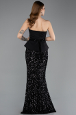 Siyah Asimetrik Straplez Yaka Peplum Uzun Pullu Abiye ABU5654