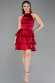 Bordo Halter Yaka Kısa Saten Mezuniyet Elbisesi ABK2528