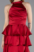 Bordo Halter Yaka Kısa Saten Mezuniyet Elbisesi ABK2528
