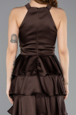 Kahve Halter Yaka Kısa Saten Mezuniyet Elbisesi ABK2528