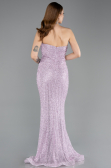 Lila Pullu Straplez Uzun File Abiye Elbise ABU5636