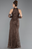 Kahve Halter Yaka Eldivenli Uzun Dantel Balık Abiye ABU5598