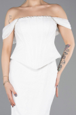 Ekru Straplez Peplum Kesim Uzun Dantel Abiye Elbise ABU5685