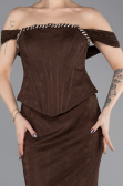 Kahve Straplez Peplum Kesim Uzun Dantel Abiye Elbise ABU5685