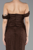 Kahve Straplez Peplum Kesim Uzun Dantel Abiye Elbise ABU5685