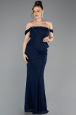 Lacivert Straplez Peplum Kesim Uzun Dantel Abiye Elbise ABU5685