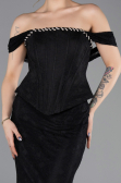Siyah Straplez Peplum Kesim Uzun Dantel Abiye Elbise ABU5685