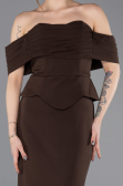 Kahve Straplez Peplum Kesim Uzun Abiye Elbise ABU5559