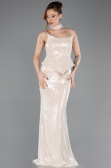Bej Straplez Yaka Peplum Kesim Uzun Pul Payet Abiye ABU5721