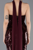 Bordo Straplez Yaka Peplum Kesim Uzun Pul Payet Abiye ABU5721