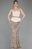 Bej Asimetrik Straplez Yaka Peplum Uzun Pullu Abiye ABU5654