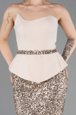 Bej Asimetrik Straplez Yaka Peplum Uzun Pullu Abiye ABU5654