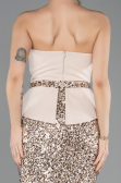 Bej Asimetrik Straplez Yaka Peplum Uzun Pullu Abiye ABU5654