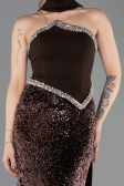 Kahve Asimetrik Straplez Peplum Uzun Pullu Balık Abiye ABU5703