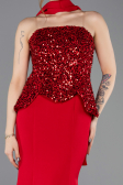 Kırmızı Pullu Straplez Peplum Kesim Uzun Balık Abiye ABU5704