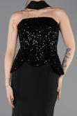 Siyah Pullu Straplez Peplum Kesim Uzun Balık Abiye ABU5704