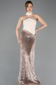 Bej Asimetrik Straplez Peplum Uzun Pullu Balık Abiye ABU5703