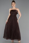 Kahve Straplez Midi Dantel Davet Elbisesi ABK2538