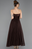 Kahve Straplez Midi Dantel Davet Elbisesi ABK2538