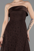 Kahve Straplez Midi Dantel Davet Elbisesi ABK2538