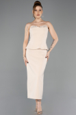 Bej Straplez Peplum Midi Davet Elbisesi ABK2539