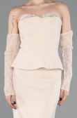 Bej Straplez Peplum Midi Davet Elbisesi ABK2539