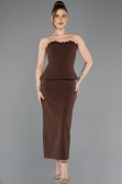 Kahve Straplez Peplum Midi Davet Elbisesi ABK2539