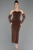 Kahve Straplez Peplum Midi Davet Elbisesi ABK2539