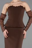 Kahve Straplez Peplum Midi Davet Elbisesi ABK2539