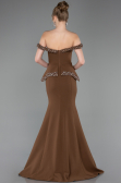 Kahve Taşlı Kayık Yaka Peplum Uzun Özel Tasarım Abiye ABU5758