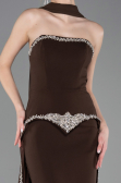 Kahve Taşlı Straplez Yaka Peplum Uzun Kuyruklu Abiye ABU5769