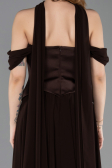 Kahve Kayık Yaka Saten Peplum Kesim Uzun Şifon Abiye ABU5327