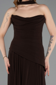 Kahve Straplez Peplum Kesim Uzun Şifon Abiye Elbise ABU5763