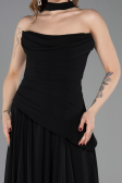 Siyah Straplez Peplum Kesim Uzun Şifon Abiye Elbise ABU5763
