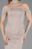 Vizon Balenli Kayık Yaka Peplum Midi Dantel Abiye ABK2548