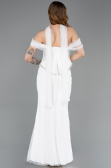 Ekru Balenli Kayık Yaka Peplum Midi Dantel Abiye ABU5839