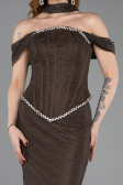 Kahve Balenli Kayık Yaka Peplum Midi Dantel Abiye ABU5839