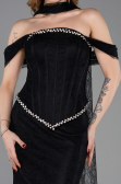 Siyah Balenli Kayık Yaka Peplum Midi Dantel Abiye ABU5839