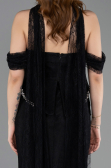 Siyah Balenli Kayık Yaka Peplum Midi Dantel Abiye ABU5839