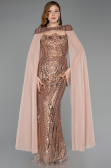 Bakır Straplez Uzun Portatif Pelerinli Pullu Abiye ABU5828