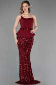 Bordo Asimetrik Straplez Yaka Peplum Uzun Pullu Abiye ABU5654