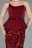 Bordo Asimetrik Straplez Yaka Peplum Uzun Pullu Abiye ABU5654