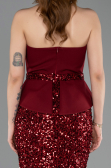 Bordo Asimetrik Straplez Yaka Peplum Uzun Pullu Abiye ABU5654