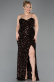 Kahve Askılı Yırtmaçlı Uzun Pullu Büyük Beden Abiye ABU5818