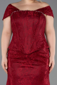 Bordo Kayık Yaka Peplum Uzun Dantel Büyük Beden Abiye ABU5824